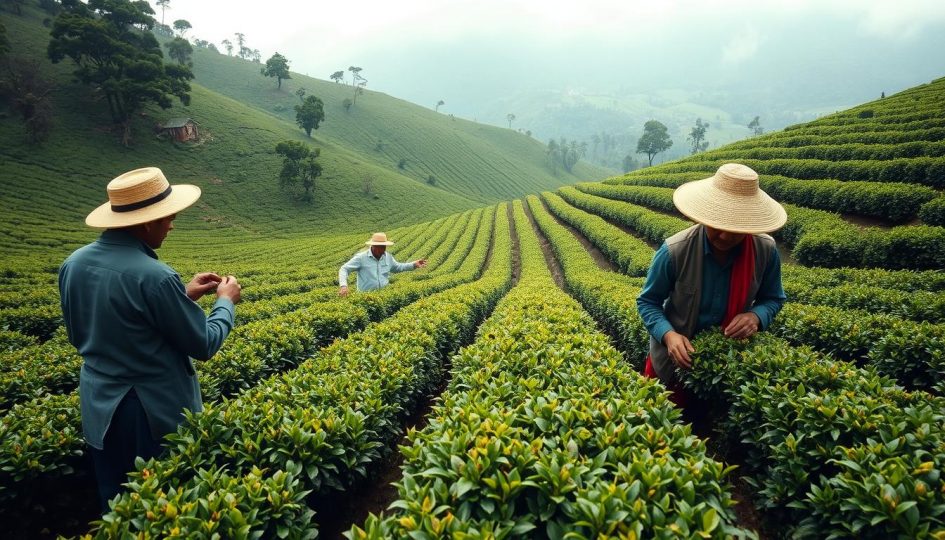 Historische Teeplantage mit Arbeitern bei der Ernte von Schwarzem Tee