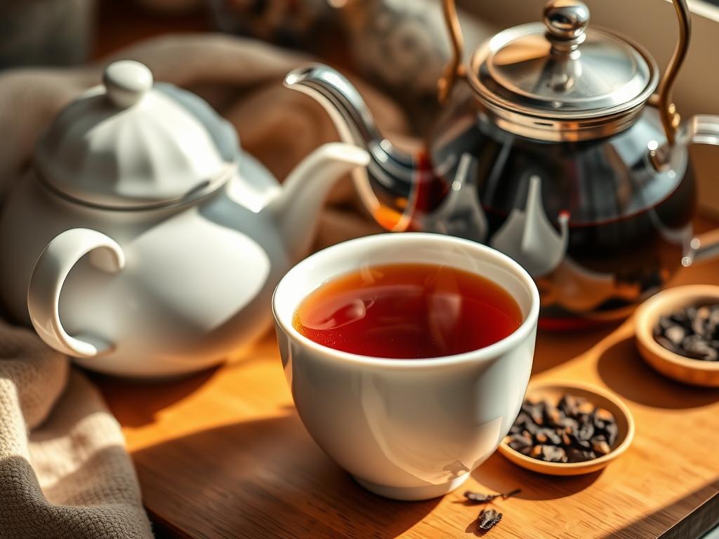 Tasse Schwarzer Tee neben Teekanne in gemütlicher Atmosphäre