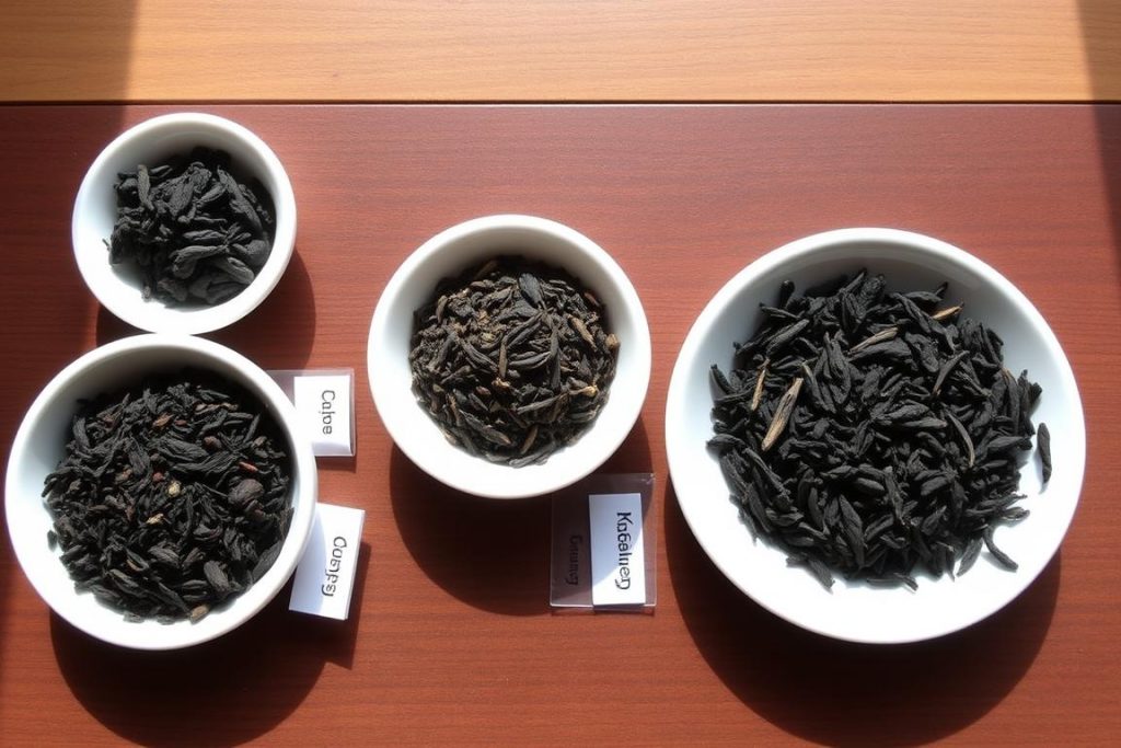 Verschiedene Schwarztee-Sorten nebeneinander präsentiert